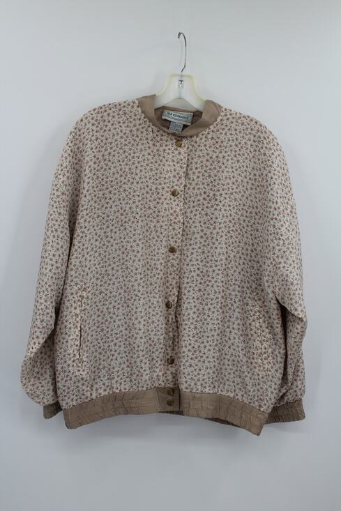 Silk Exchange Jackets & Blazers - VTG Silk Exchange Medium Tan Pink 100% Silk Bomber Jacket Ditsy Floral Snap
